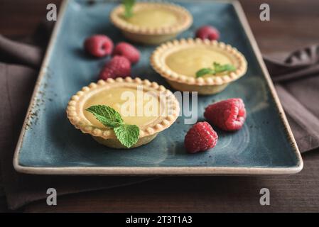 Mini tarts with  lemon and custard  filling on wooden rustic board on kitchen table Stock Photo