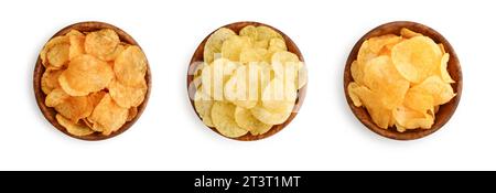 Set or collection of different flavor potato chips or crisps in wooden bowls isolated on white background, top view Stock Photo