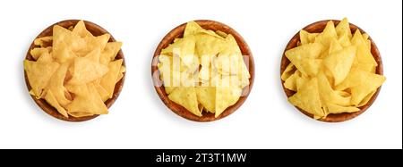 Set of tortilla or nacho chips with different tastes  in wooden bowl isolated on white background Stock Photo