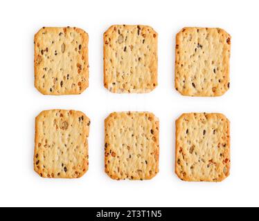 Multigrain crunchy crackers isolated on white background, top view Stock Photo