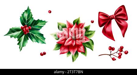 Watercolor set of christmas poinsettia, red satin bow and holly berry. New year botanical december symbol illustration isolated on white background. F Stock Photo
