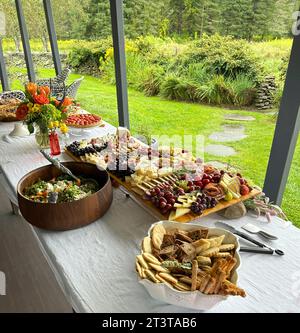 High angle view of table filled with grazing board, bowl of salad, bowl of biscuits and crackers and various tarts Stock Photo