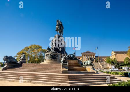 Philadelphia, PA – US – Oct 13, 2023 The bronze and granite Washington Monument Fountain, located on Eakins Oval in front of Philadelphia Museum of Ar Stock Photo