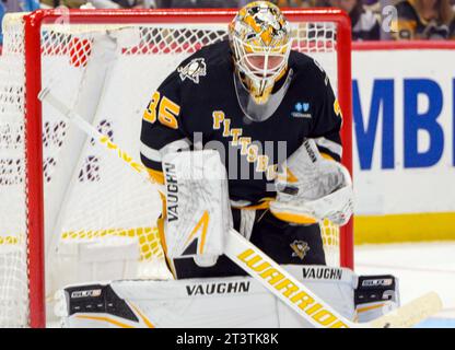 Pittsburgh Penguins goaltender Tristan Jarry (35) stops a Colorado Avalanche shot during the first period at PPG Paints Arena in Pittsburgh on Thursday, October 26, 2023. Photo by Archie Carpenter/UPI Credit: UPI/Alamy Live News Stock Photo