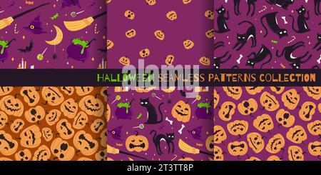 Halloween seamless patterns collection. Ornament with pumpkins, cat, pot with poison, witch hat and bet. Six vector illustration Stock Vector
