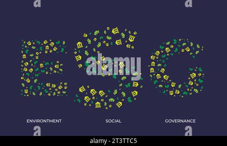 ESG text or Environtment Social Governance made from small icons or symbol that created ESG. Stock Vector