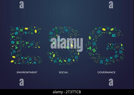 ESG text or Environtment Social Governance made from small icons or symbol that created ESG. Stock Vector