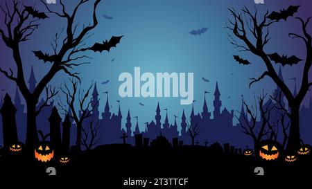 Halloween night background in creepy graveyard with pumpkins and bat flying around Stock Vector