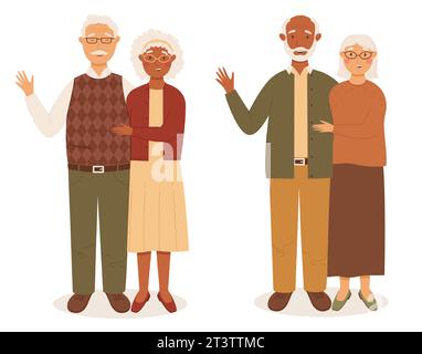 Happy two multinational modern seniors couples standing together and smiling. Senior African woman and Caucasian man. Senior African man and Caucasian Stock Vector