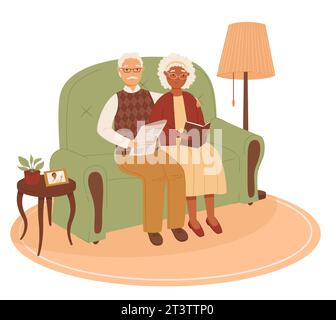 Happy senior couple of black-skinned woman and white-skinned man reading together on the sofa. A couple of old people in a cozy home environment. Colo Stock Vector