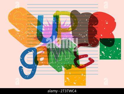 Risograph Super Game word with geometric shapes. Object in trendy riso graph design. Stock Vector