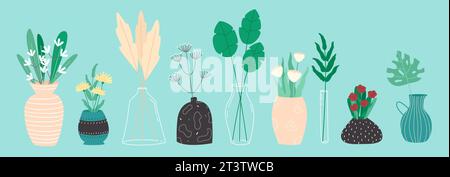 Colorful abstract bouquets of flowers, leaves and twigs in colored patterned vases and glass transparent vases. Vector design elements. Vector illustr Stock Vector