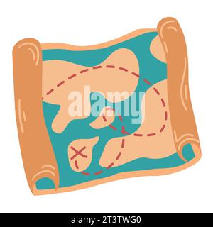 Pirate treasure map. A colorful ancient map with the exact path to the treasure. Flat style. Pirate concept vector illustration isolated on white back Stock Vector