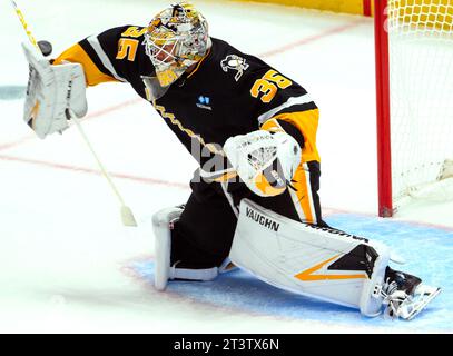 Pittsburgh Penguins goaltender Tristan Jarry (35) deflects the puck off of his pads during the second period of the 4-0 win Colorado Avalanchea at PPG Paints Arena in Pittsburgh on Thursday, October 26, 2023. Photo by Archie Carpenter/UPI Stock Photo