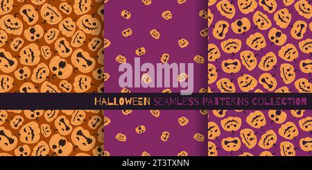 Halloween pumpkins seamless patterns collection. Ornament with pumpkins with different faces. Three vector illustration Stock Vector