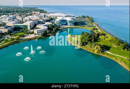 High resolution beautiful panoramic drone aerial image of the famous Northwestern University and Kellogg School of Management Campus in Evanston IL Stock Photo