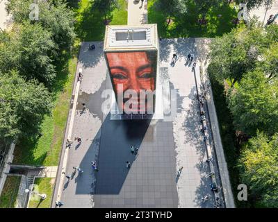 High resolution panoramic drone aerial image of the famous tourist attraction of Chicago's Millennium Park during a beautiful summer day Stock Photo