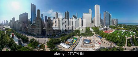 High resolution panoramic drone aerial image of the famous tourist attraction of Chicago's Millennium Park during a beautiful summer day Stock Photo