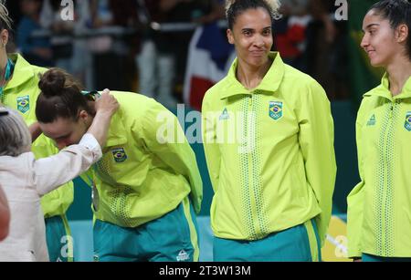 Santiago, Chile, USA. 26th Oct, 2023. SANTIAGO (CHL), 10/26/2023 - CEREMONY/MEDALS/VOLLEYBALL/WOMEN - Medal Ceremony of the Women's Team Volleyball Final with the Dominican Republic winning Gold, Brazil-Silver and Mexico-Bronze on the main court of Parque Arena O 'Higgins in Santiago, Chile during the 2023 Pan American Games. (Credit Image: © Niyi Fote/TheNEWS2 via ZUMA Press Wire) EDITORIAL USAGE ONLY! Not for Commercial USAGE! Stock Photo