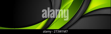 High contrast green and black glossy waves. Abstract tech graphic banner design. Vector corporate background Stock Vector