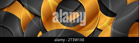 Black and shiny golden circles abstract tech geometric banner. Luxury modern vector background Stock Vector