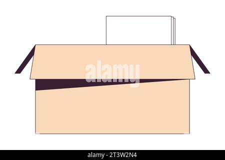 Open cardboard box with documents 2D linear cartoon object Stock Vector