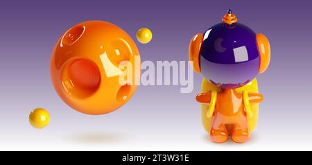 Space game assets - planet with craters and satellites, and cute astronaut in spacesuit and helmet. Cartoon vector illustration set of fantasy cosmic objects for videogame user interface. Stock Vector