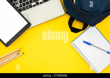 School supplies with laptop tablet Stock Photo