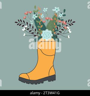 Cute bouquet in yellow rubber boots. Gardening boot with flowers. Spring Concept. Vector Illustration. Stock Vector