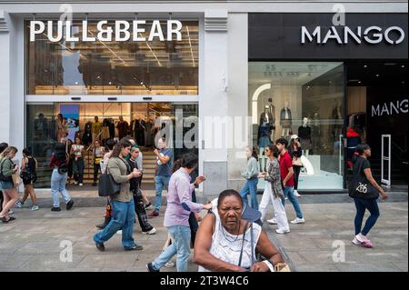 Madrid, Spain. 16th Sep, 2023. Shoppers and pedestrians walk past the spanish multinational clothing design retail company by Inditex, Pull & Bear (Pull&Bear), and Mango stores in Spain. Credit: SOPA Images Limited/Alamy Live News Stock Photo