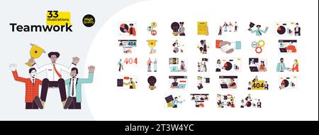 Teamwork office diverse 2D linear illustration concept bundle Stock Vector