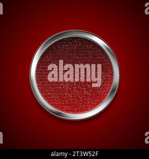 Silver metallic circle with shiny dots on red background. Abstract geometric vector design Stock Vector
