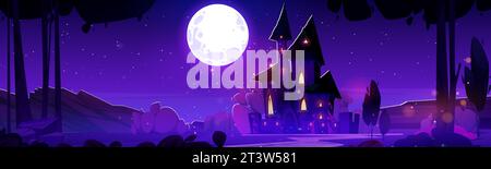 Nighttime cartoon landscape with fairytale royal medieval castle in countryside under light of full moon. Vector twilight dark purple scene with kingdom palace with towers, glowing windows and gates. Stock Vector