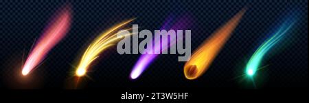 Comet trail effect and meteor star light vector. Asteroid speed fall flame and galaxy fire 3d isolated illustration. Realistic night flare glow from rocket tail. Fireball or missile burst ui vfx Stock Vector