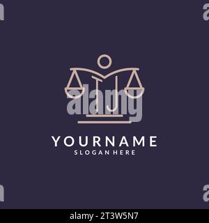 TJ initials combined with the scales of justice icon, design inspiration for law firms in a modern and luxurious style, vector graphic Stock Vector