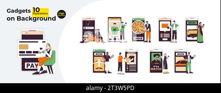 Using mobile apps 2D linear illustration concept bundle Stock Vector