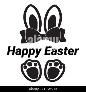 Happy Easter text lettering with bunny illustration isolated on white background. Usable for greeting card, banner, and background. Stock Vector