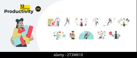 Productivity employees 2D linear illustration concept bundle Stock Vector