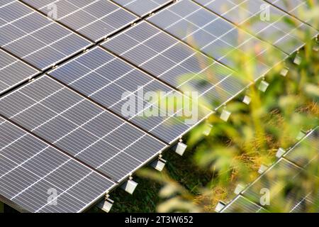 Solar power energy on the roof to a standard house. Solar power panels ,Photovoltaic modules for innovation green energy for life with blue sky backgr Stock Photo