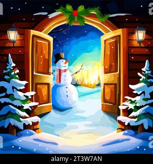 New Year, Christmas postcard. door decorated with a garland next to Funny snowman. vector illustration Stock Vector