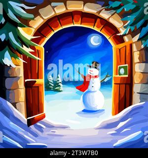 New Year, Christmas postcard. door decorated with a garland next to Funny snowman. vector illustration Stock Vector
