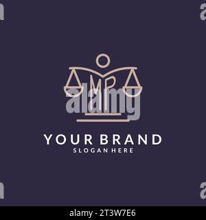 MP initials combined with the scales of justice icon, design inspiration for law firms in a modern and luxurious style, vector graphic Stock Vector