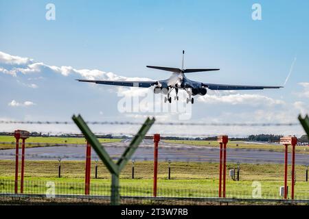 United Kingdom. 14th Oct, 2023. A B-1B Lancer assigned to the 9th Expeditionary Bomb Squadron prepares to land at RAF Fairford, United Kingdom, Oct. 14, 2023. U.S. Air Forces in Europe routinely hosts and supports a variety of U.S. Air Force aircraft and units for training to support geographic combatant command objectives. Operating with a variety of aircraft and units in Europe aids in maintaining a ready and postured force prepared to respond to and support global operations. Credit: U.S. Air Force/ZUMA Press Wire/ZUMAPRESS.com/Alamy Live News Stock Photo