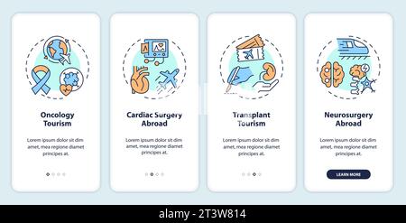 Walkthrough medical tourism with colorful linear icons Stock Vector