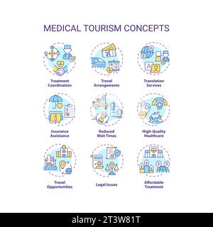 Editable thin line icon set representing medical tourism Stock Vector