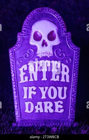 Halloween Purple Tombstone Decorating Yard at Night Stock Photo