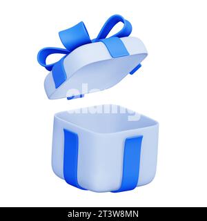 Vector 3d Gift Box. Open Empty Present Box With Blue Ribbon and Bow. For Surprise, Birthday Party, Baby Shower. Vector Render Illustration In Plastici Stock Vector