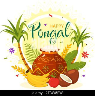Happy Pongal Vector Illustration of Traditional Tamil Nadu India Festival Celebration with Sugarcane and Plate of Religious Props in Flat Background Stock Vector