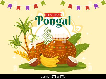 Happy Pongal Vector Illustration of Traditional Tamil Nadu India Festival Celebration with Sugarcane and Plate of Religious Props in Flat Background Stock Vector