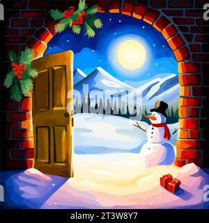New Year, Christmas postcard. door decorated with a garland next to Funny snowman. vector illustration Stock Vector